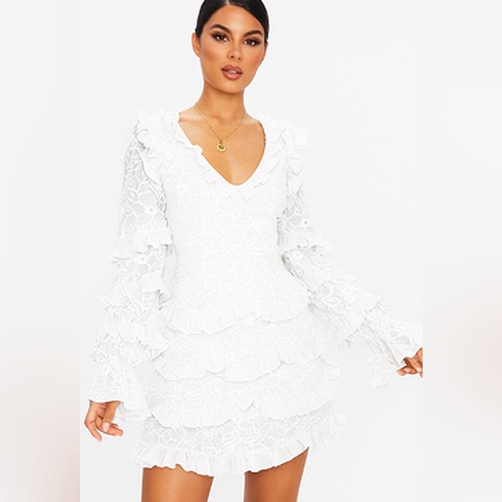 PrettyLittleThing White Embroidered Frill Shift Dress